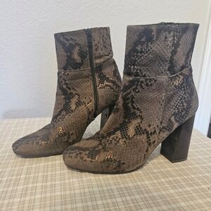 Free People Snake Print Ankle Boots Brown Metallic Block Booties Heels 39 8.5